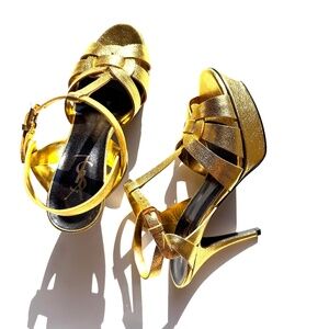 Saint Laurent YSL Tribute Gold  Leather Platform Heel Sandals 38, 7.5